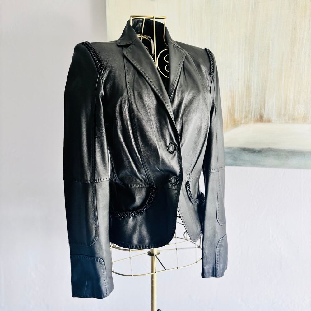 Max Studio Special Edition Size 2 Black Genuine Leather Braided Trim Blazer